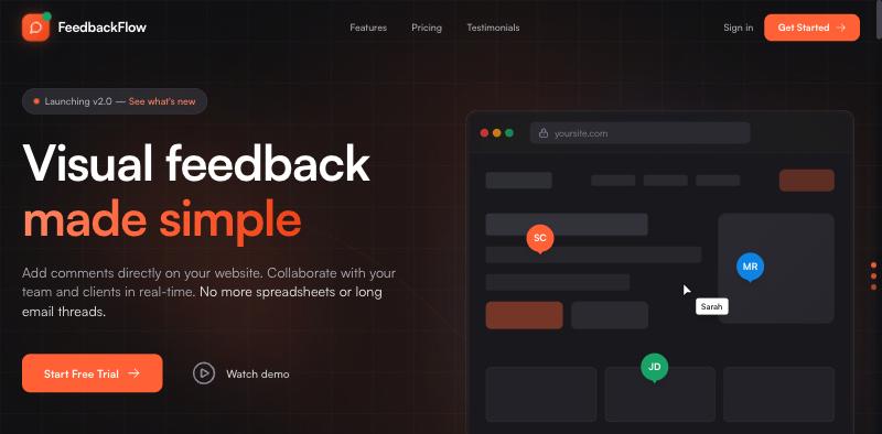 FeedbackFlow homepage showing pinned comments on a website mockup