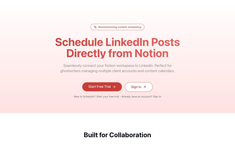 Schedullr homepage: Schedule LinkedIn posts directly from Notion